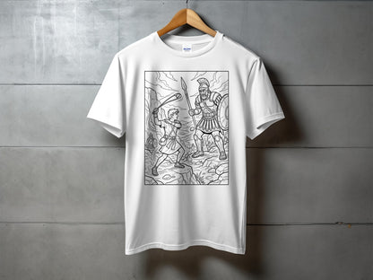 Black and white line art on a white t-shirt depicting a warrior fighting a giant.