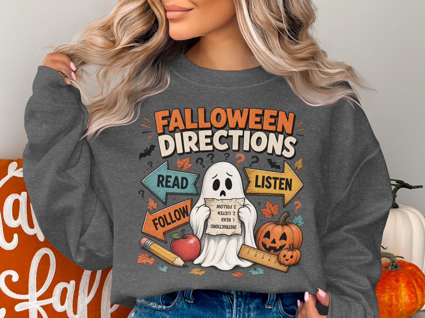 Ghost with "Falloween Directions" and "Read," "Listen," "Follow" arrows, holding instructions.