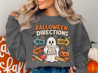 Ghost with "Falloween Directions" and "Read," "Listen," "Follow" arrows, holding instructions.
