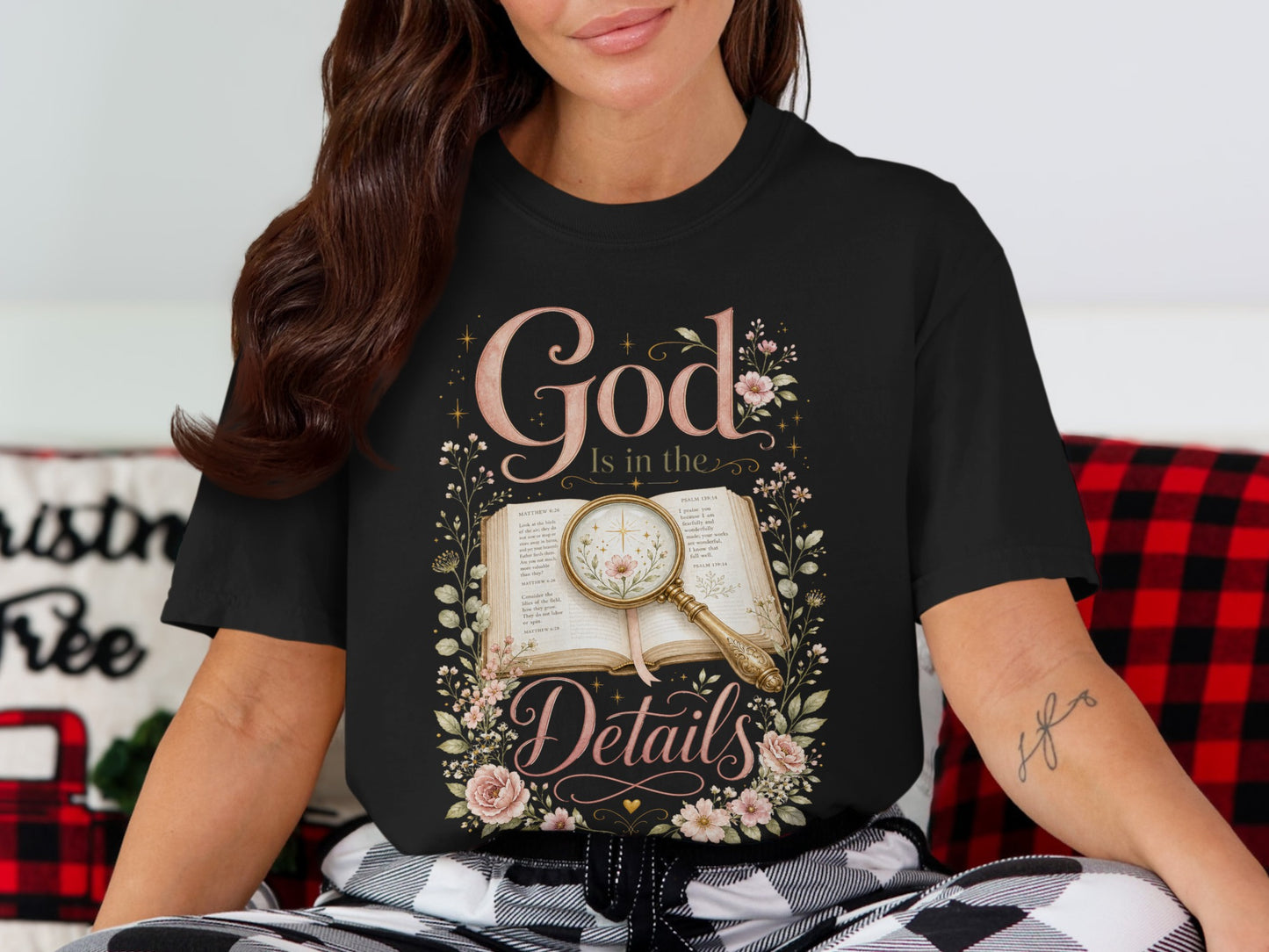 Black t-shirt featuring "God Is in the Details" with an open Bible and magnifying glass.