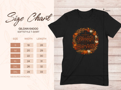 Gildan 64000 t-shirt size chart with "Blessed Beyond the Harvest" graphic.