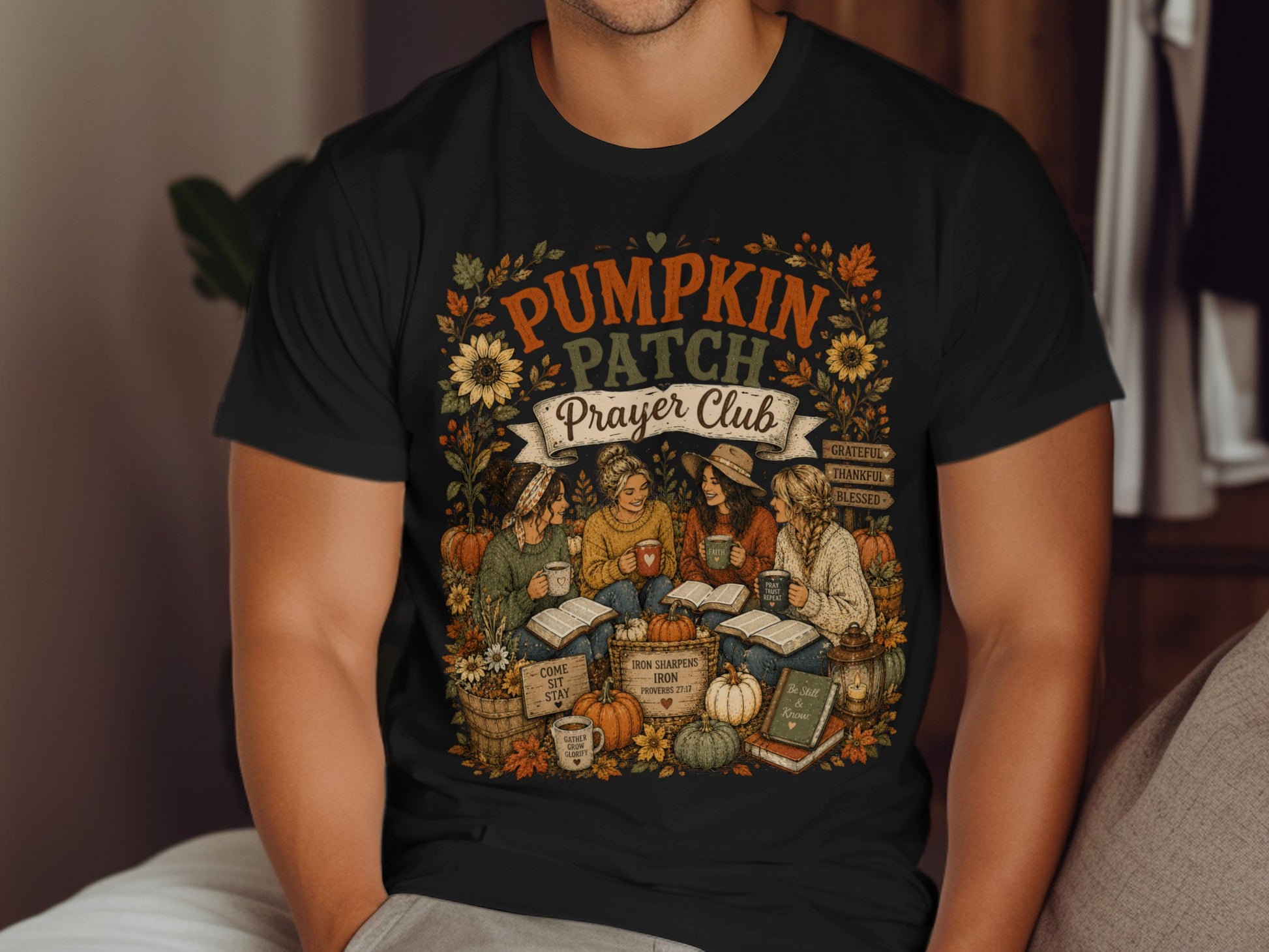 T-shirt graphic with "Pumpkin Patch Prayer Club" text, autumn motifs, and Bible verses.
