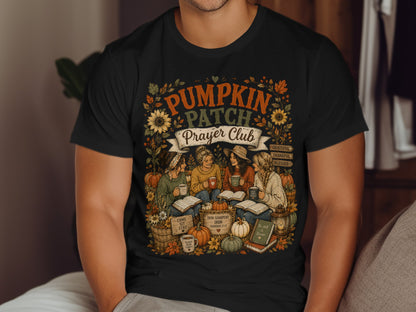 T-shirt graphic with "Pumpkin Patch Prayer Club" text, autumn motifs, and Bible verses.