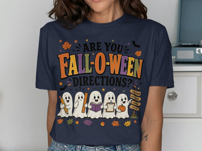 Ghosts with classroom items ask "Are you Fall-o-ween directions?".