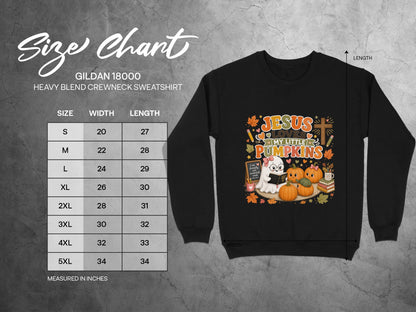 Gildan 18000 heavy blend crewneck sweatshirt size chart with "Jesus Loves My Little Pumpkins" graphic.