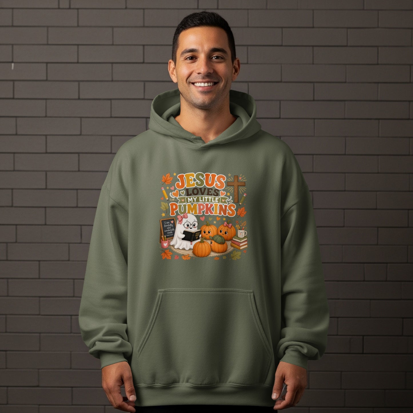 Green hoodie with "Jesus Loves My Little Pumpkins" text and autumn graphics.