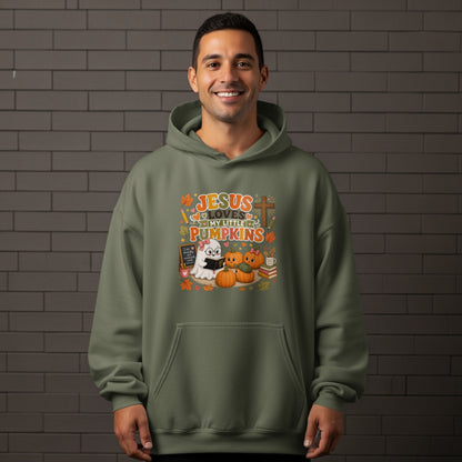 Green hoodie with "Jesus Loves My Little Pumpkins" text and autumn graphics.