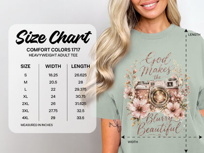 Size chart with Comfort Colors 1717 heavyweight adult tee measurements. Design reads "God Makes the Blurry Beautiful".