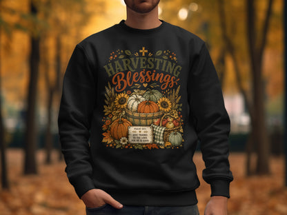 Sweatshirt with "Harvesting Blessings" text and autumn harvest illustration.