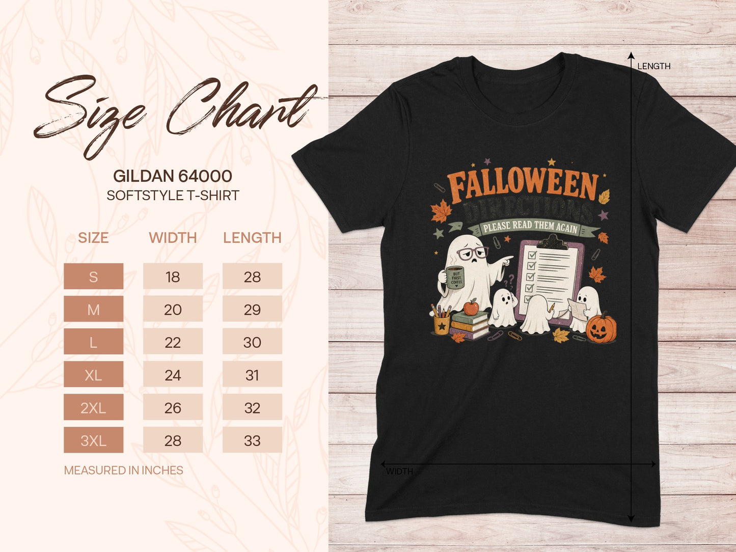 Black t-shirt with "Falloween Directions Please Read Them Again" Halloween ghost graphic.