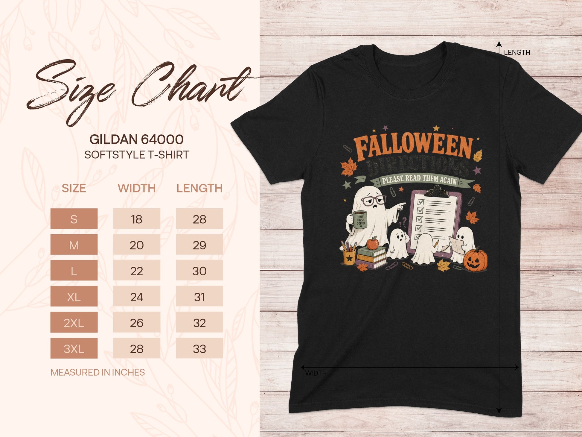 Black t-shirt with "Falloween Directions Please Read Them Again" Halloween ghost graphic.