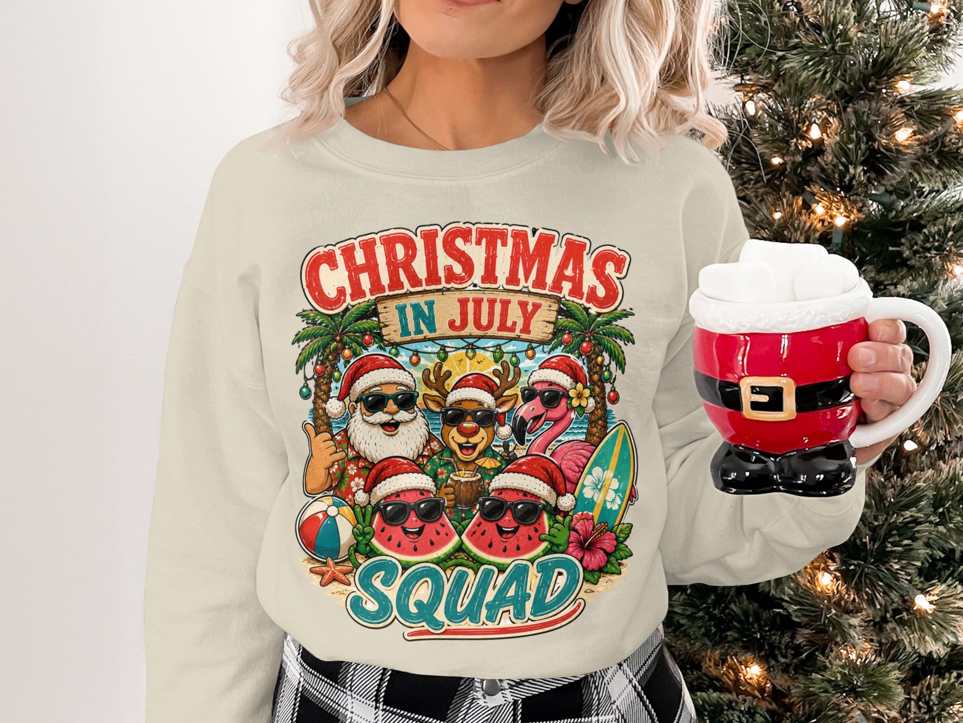 Crewneck sweatshirt with "Christmas in July Squad" featuring Santa, reindeer, flamingo, and watermelons.