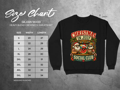 Gildan 18000 sweatshirt size chart with "Christmas in July Social Club" graphic.