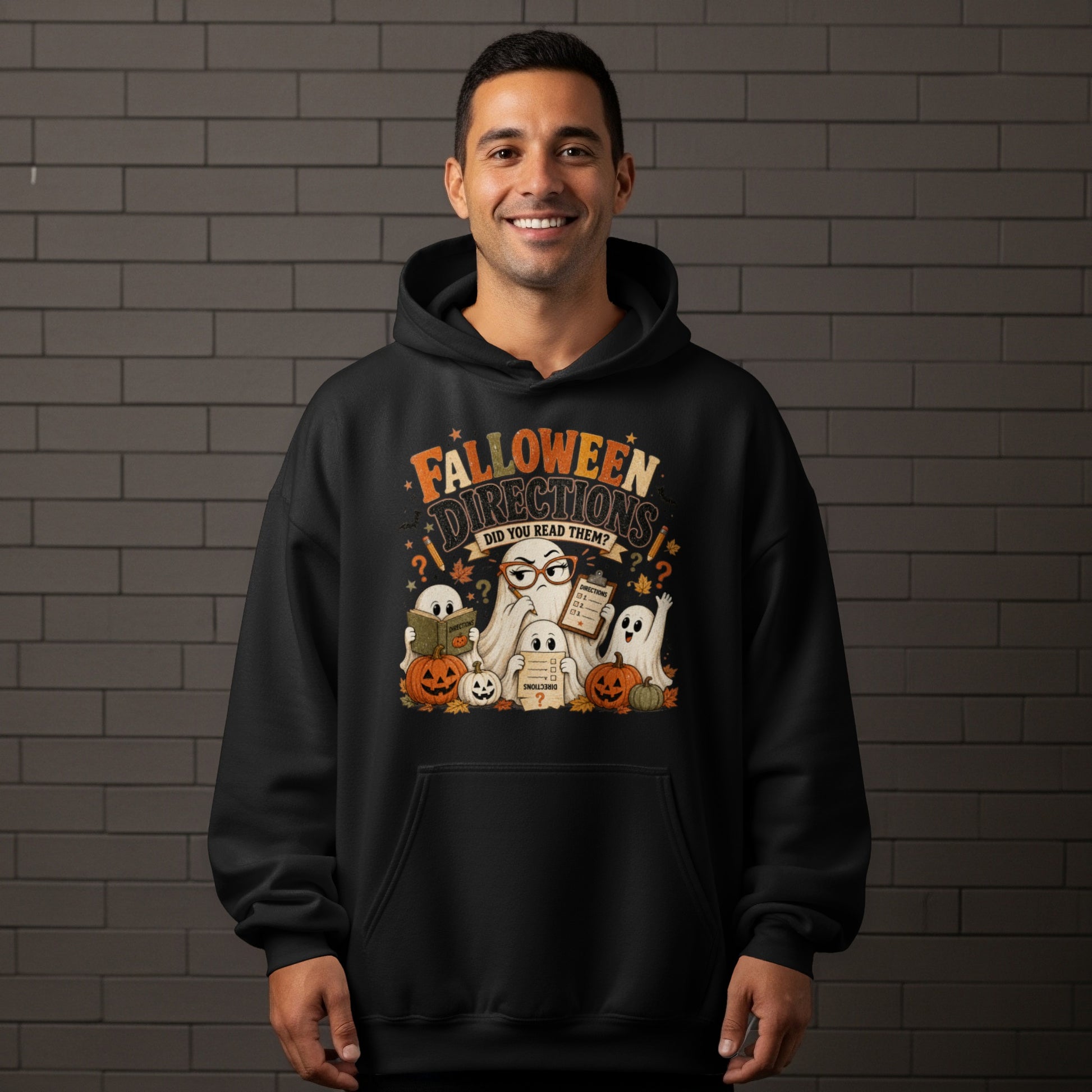 Black hoodie with Halloween graphic "Falloween Directions Did You Read Them?"