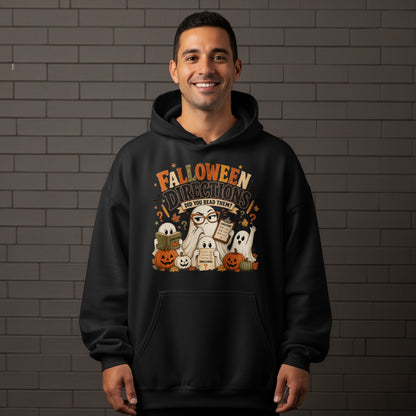 Black hoodie with Halloween graphic "Falloween Directions Did You Read Them?"