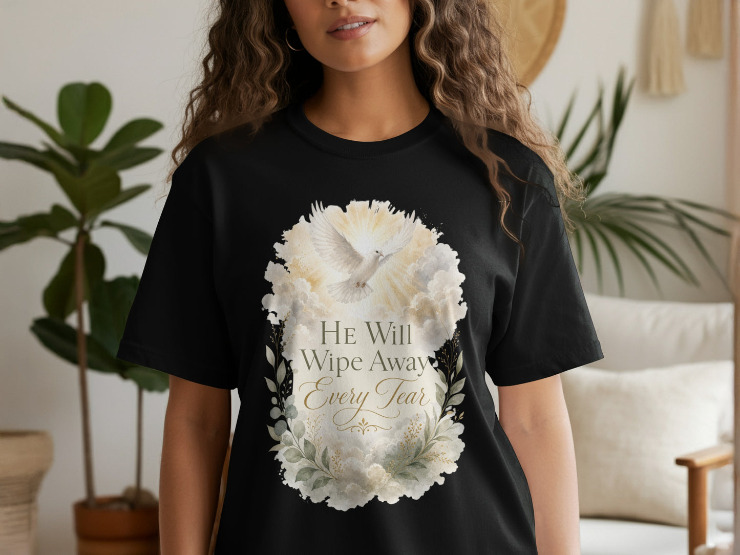 Black t-shirt with dove, clouds, and text "He Will Wipe Away Every Tear".