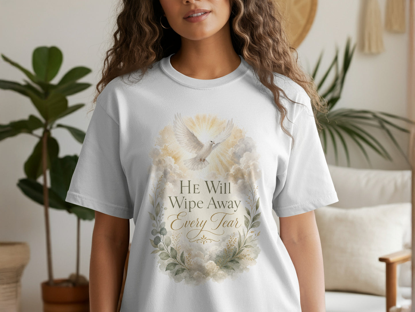 White t-shirt with "He Will Wipe Away Every Tear" text and dove in wreath graphic.