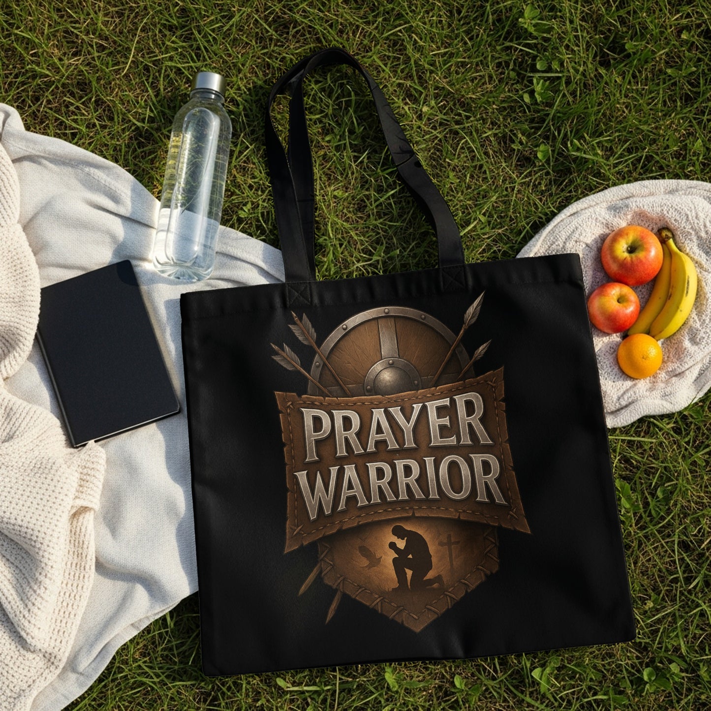 Black tote bag with "Prayer Warrior" text, shield, and praying figure design.