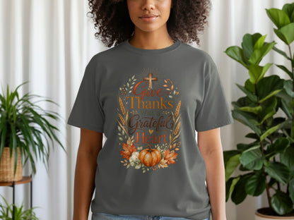 Gray t-shirt with "Give Thanks With a Grateful Heart" text and fall graphics.