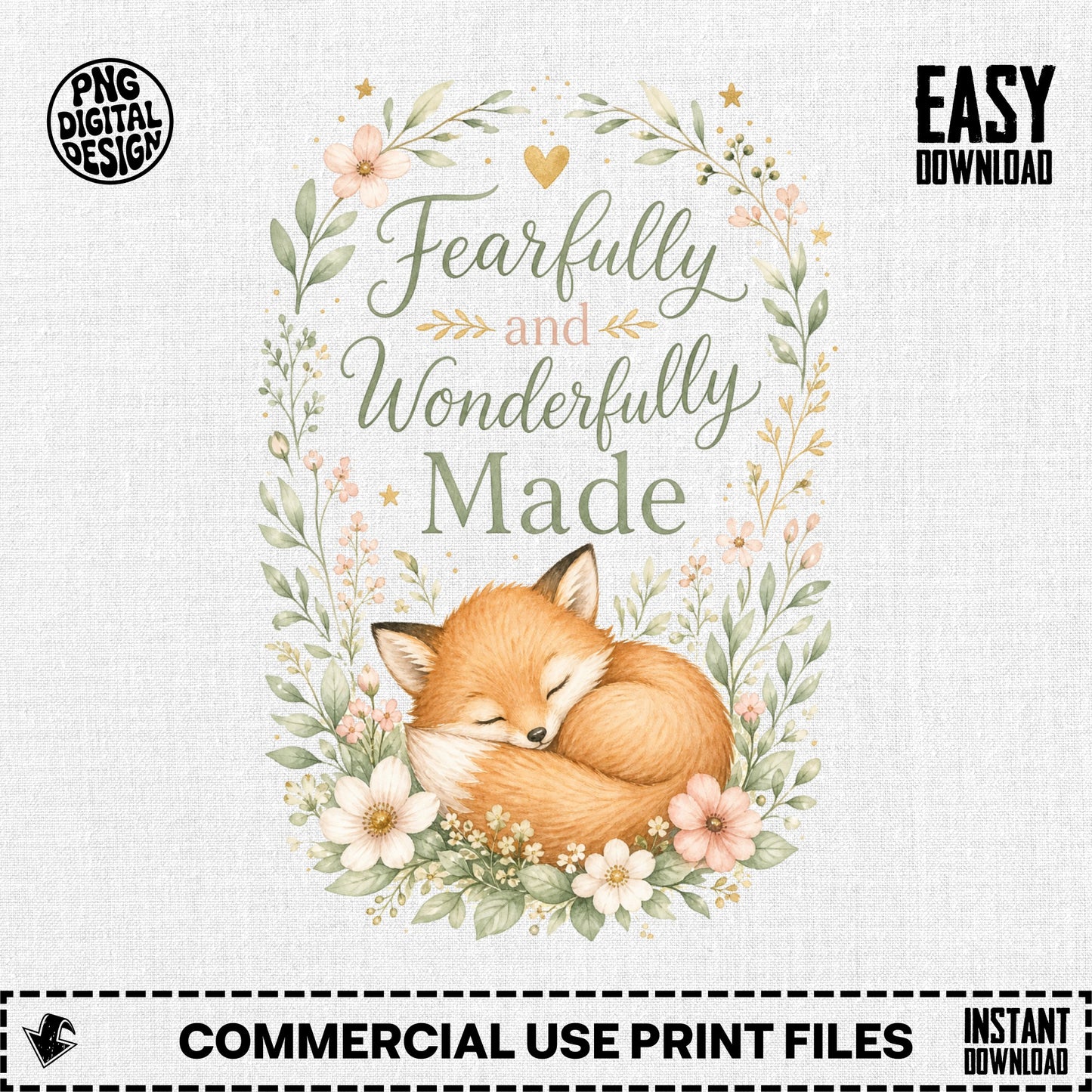 Sleeping fox with "Fearfully and Wonderfully Made" text, surrounded by flowers.