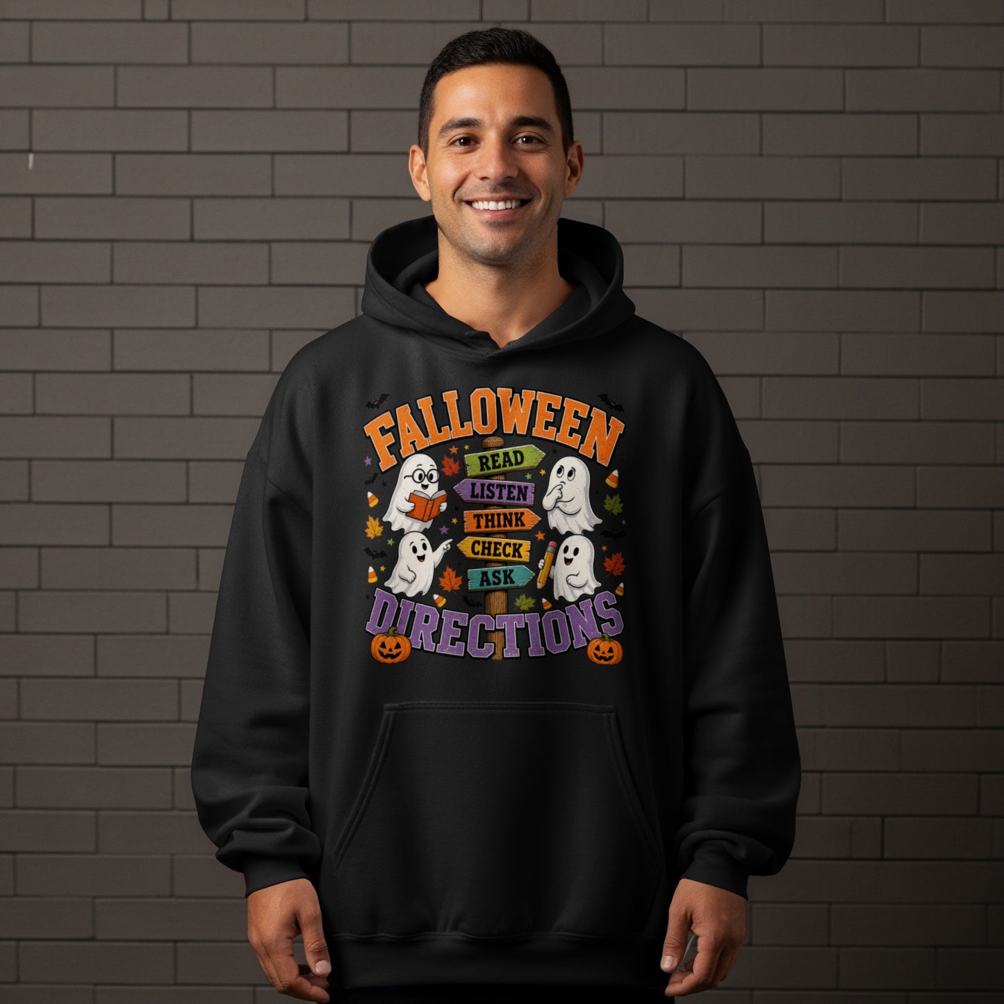 Black hoodie with "Falloween Directions" design featuring ghosts and directional signs.