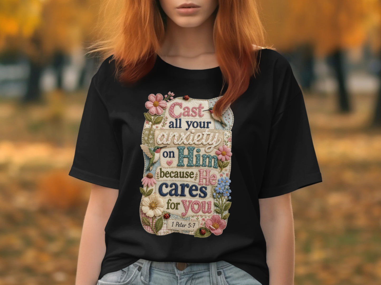 Black t-shirt with colorful floral design and Bible verse "Cast all your anxiety on Him because He cares for you 1 Peter 5:7".