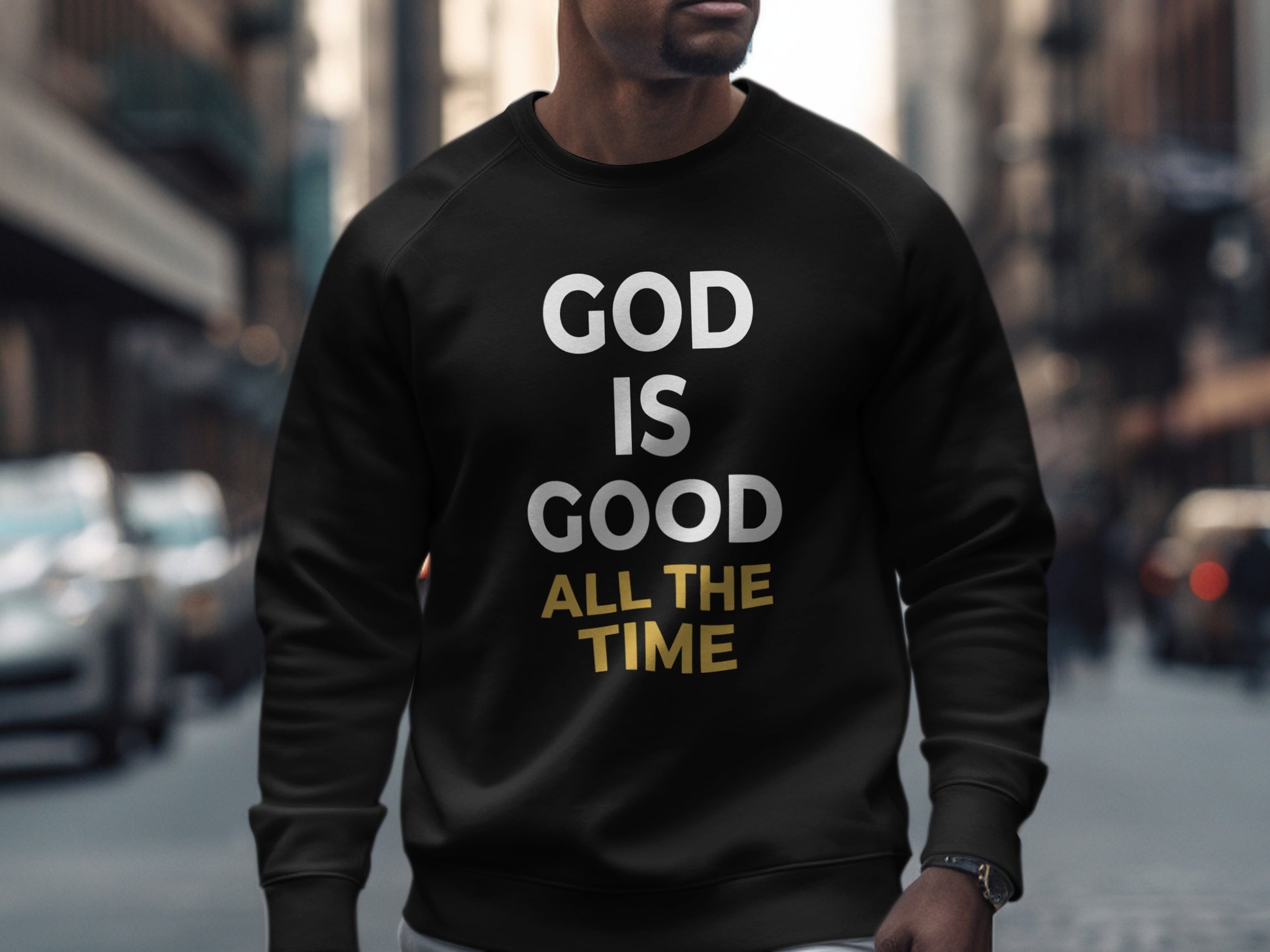 Black sweatshirt with "GOD IS GOOD ALL THE TIME" text in white and gold.