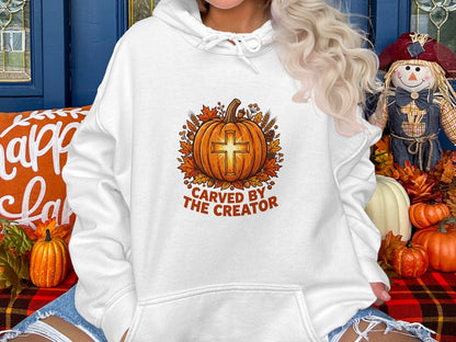 White hoodie with a graphic of a cross inside a carved pumpkin.