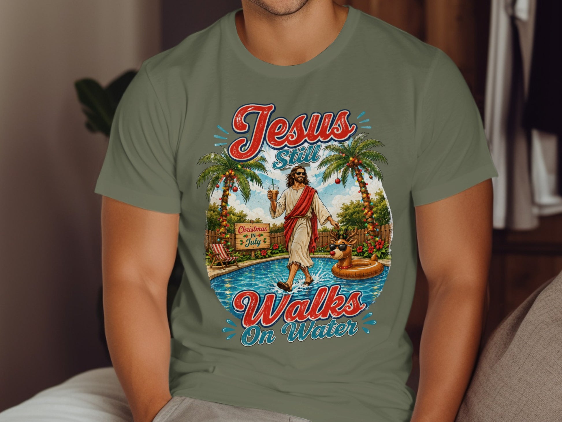 Jesus still walks on water graphic with palms, pool, and text.