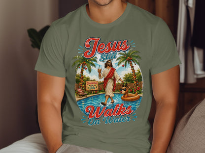 Jesus still walks on water graphic with palms, pool, and text.