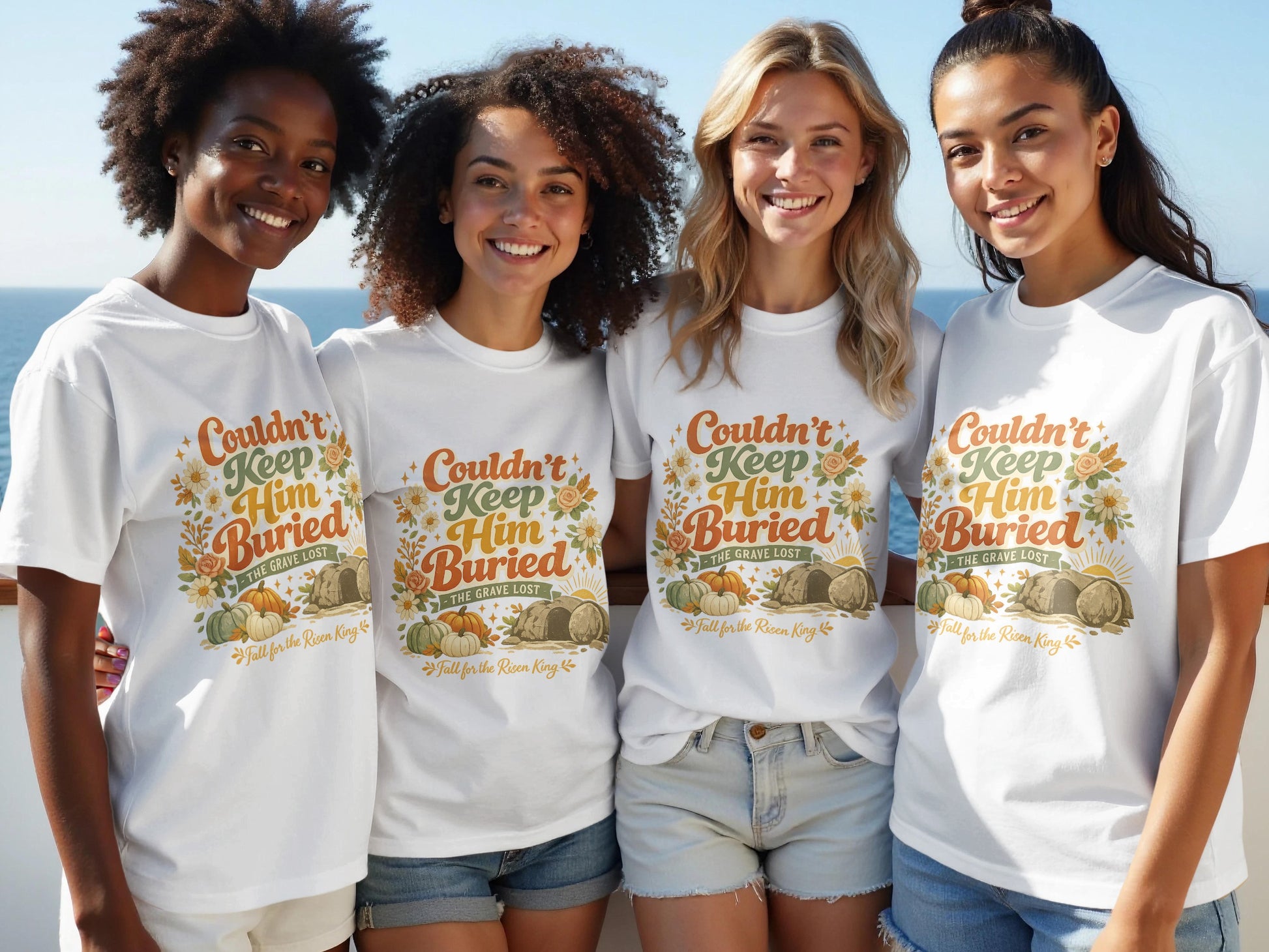Four women smile wearing white t-shirts with "Couldn't Keep Him Buried" design.
