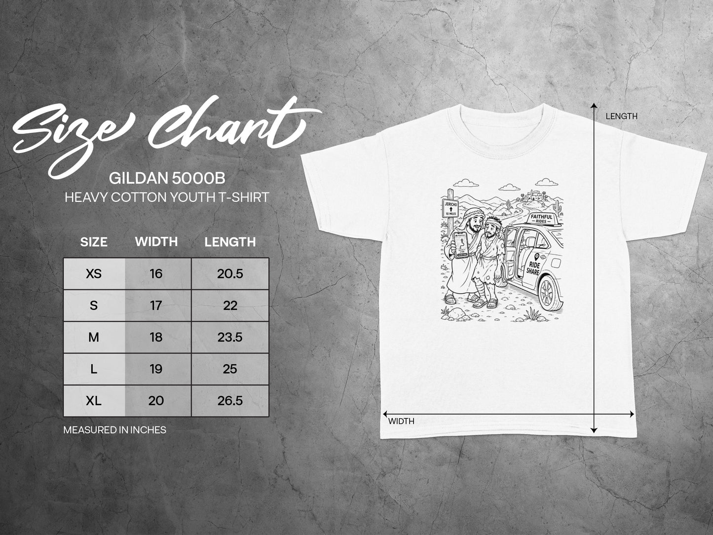 Gildan 5000B youth t-shirt size chart with width and length measurements.