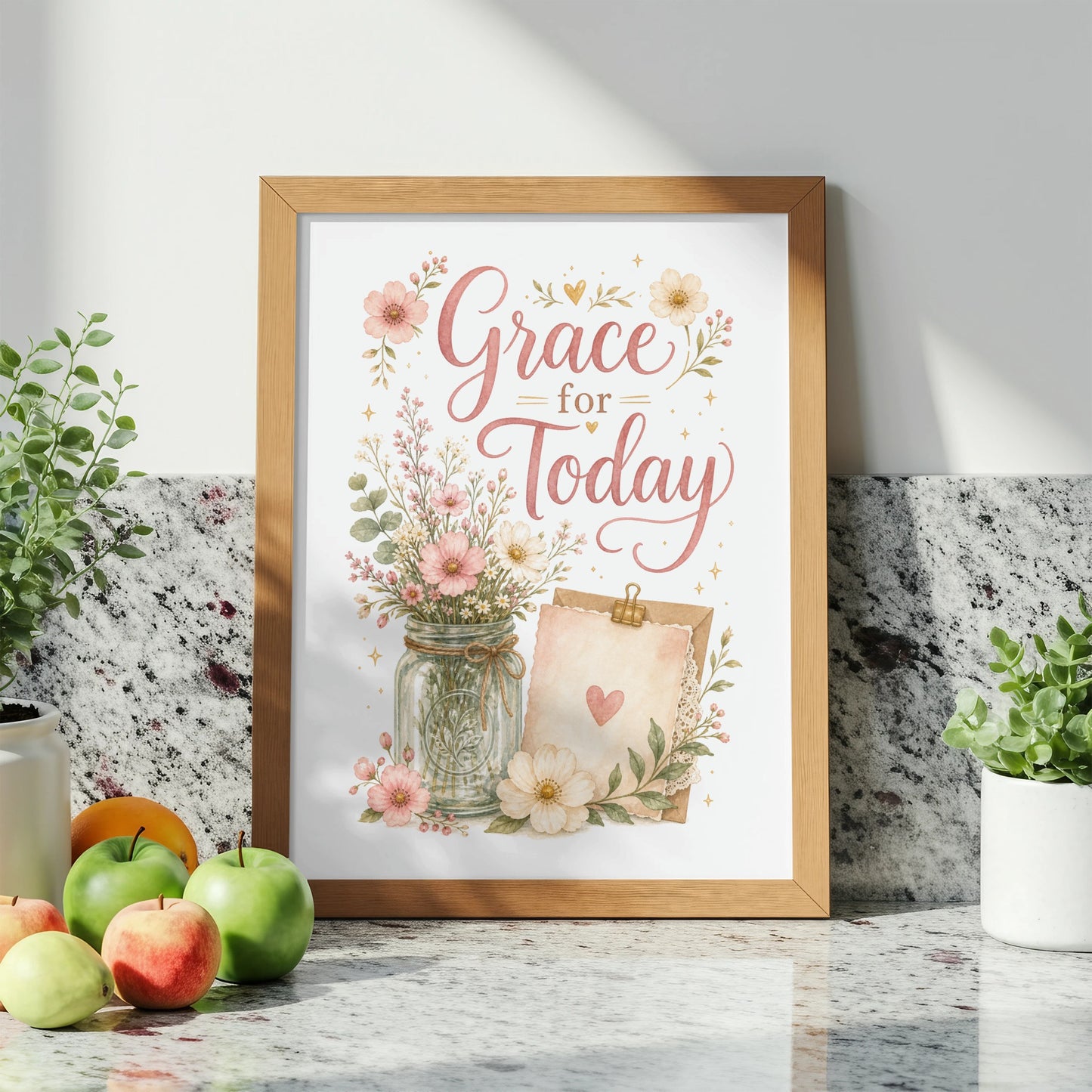Framed art with "Grace for Today" text and watercolor floral arrangement.