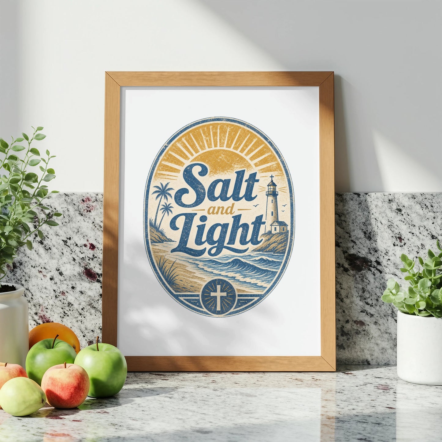 Framed artwork with "Salt and Light" text, lighthouse, beach, and cross.