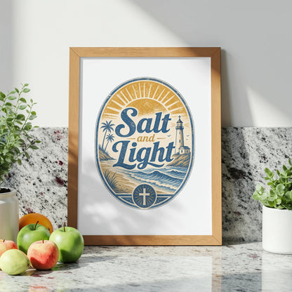 Framed artwork with "Salt and Light" text, lighthouse, beach, and cross.
