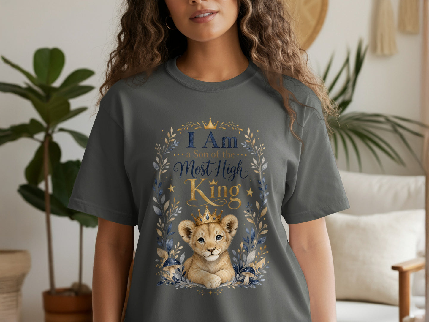 Dark gray t-shirt with a baby lion wearing a crown and the text "I Am a Son of the Most High King".