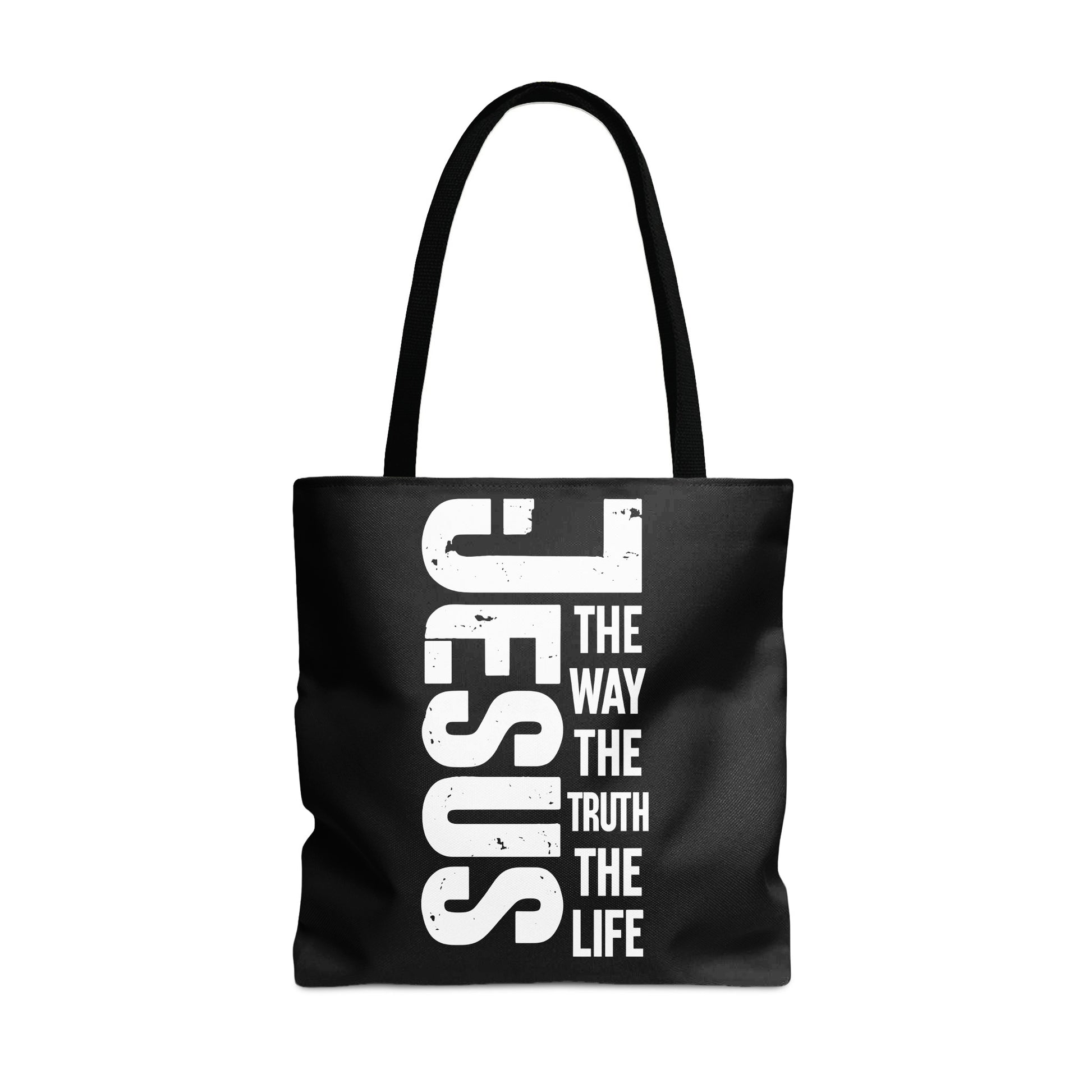 Black tote bag with white text: JESUS, THE WAY, THE TRUTH, THE LIFE.