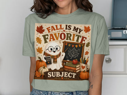 Ghost with glasses and scarf holding "Teacher Boo-K" with Fall-themed art.