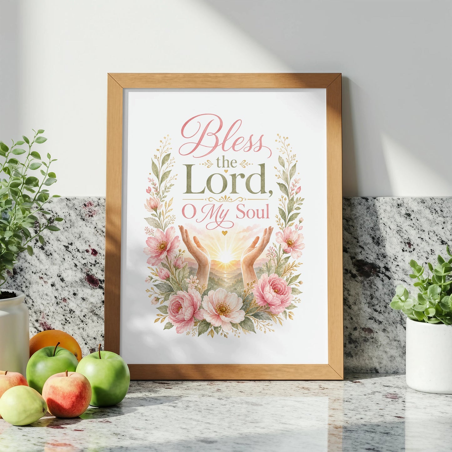 Framed artwork with floral border and text "Bless the Lord, O My Soul".