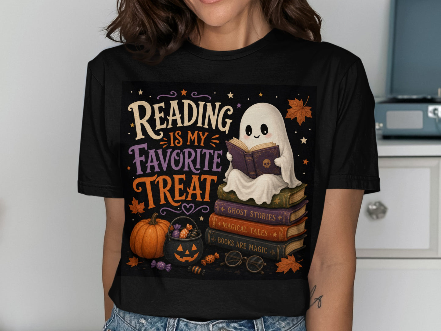 Ghost reading books with text "Reading Is My Favorite Treat" and Halloween decor.