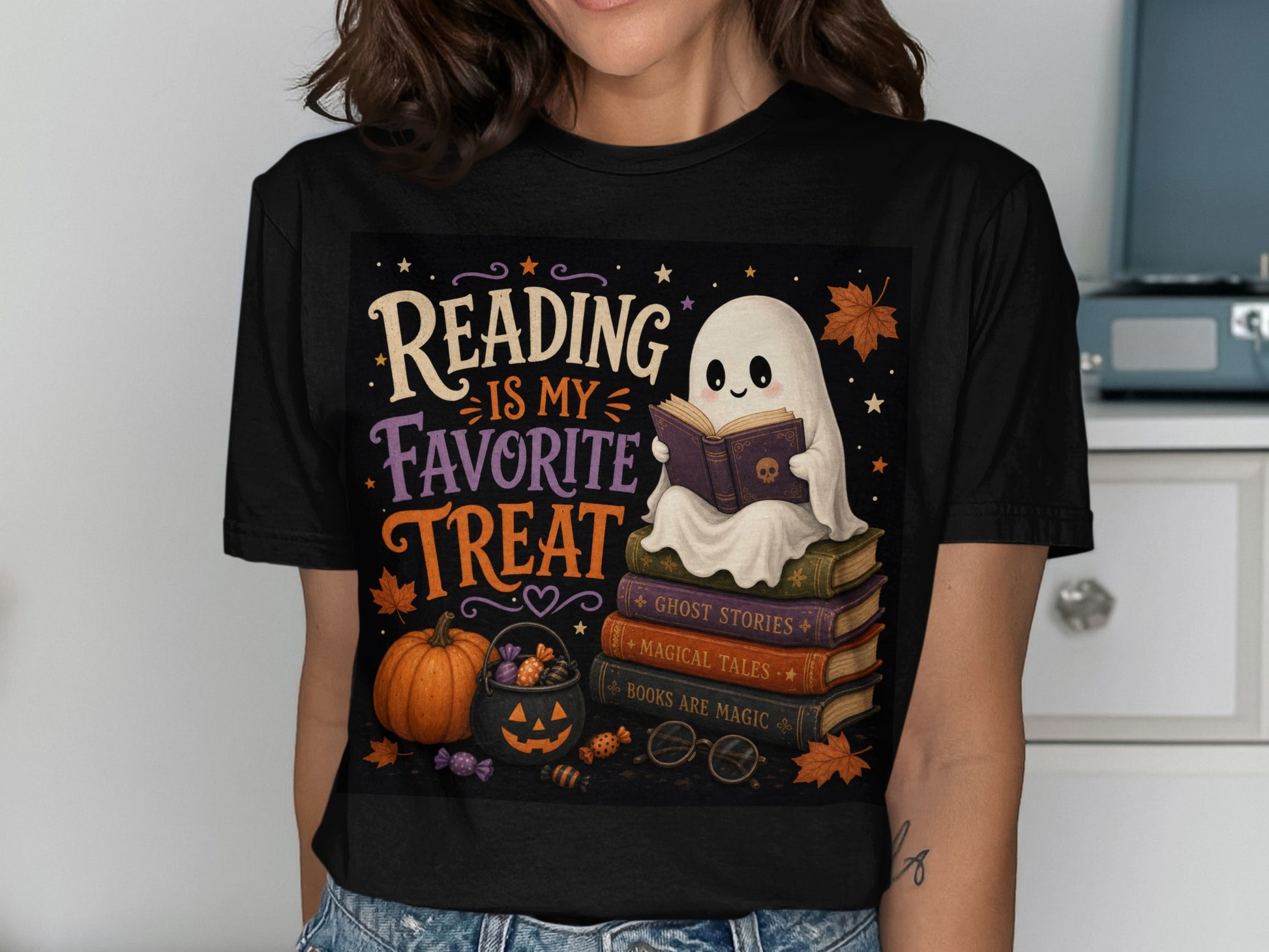 Ghost reading books with text "Reading Is My Favorite Treat" and Halloween decor.