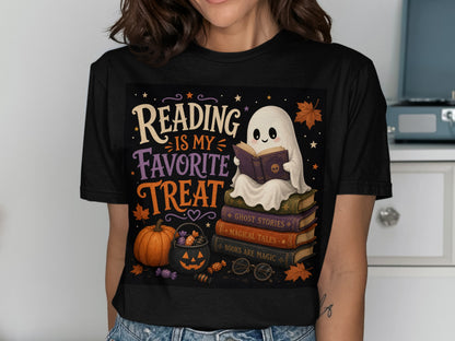 Ghost reading books with text "Reading Is My Favorite Treat" and Halloween decor.