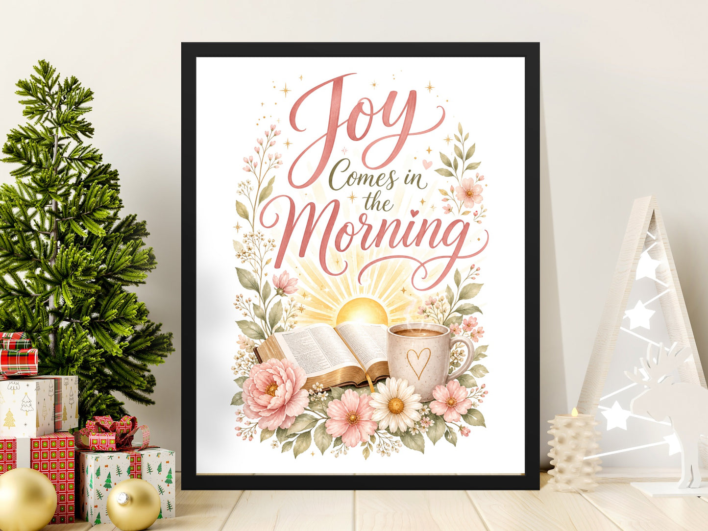 "Joy comes in the morning" text with open Bible and coffee cup, surrounded by floral art.