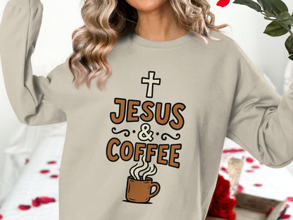 Cream sweatshirt with "Jesus & Coffee" text and a coffee cup illustration.