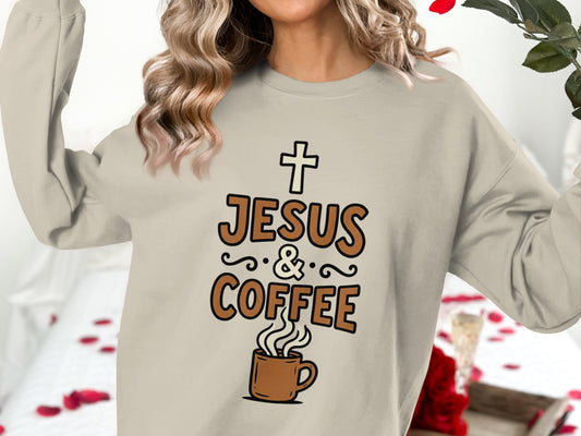 Cream sweatshirt with "Jesus & Coffee" text and a coffee cup illustration.