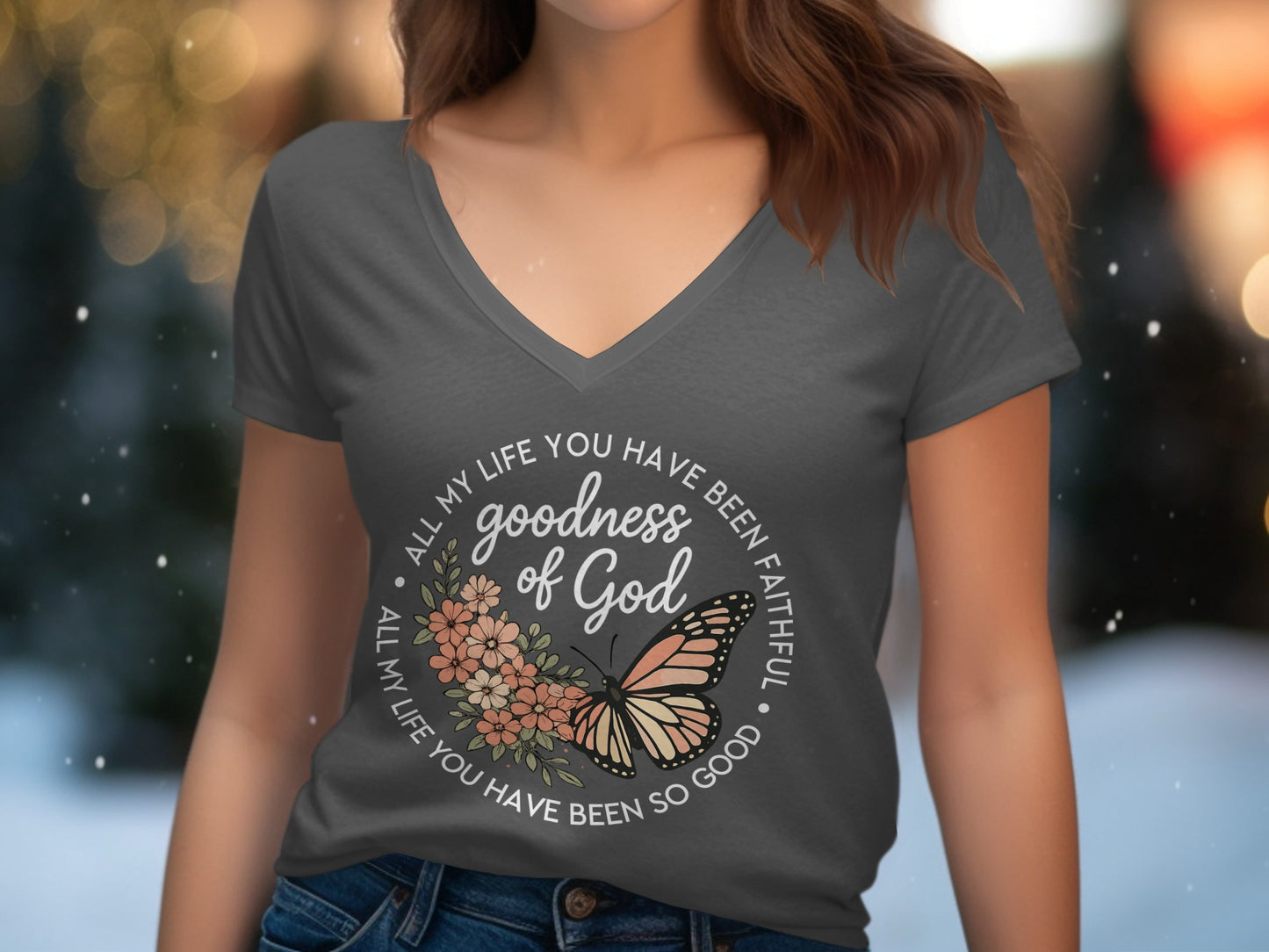 T-shirt with butterfly and text "goodness of God all my life you have been faithful".