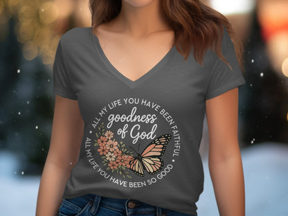 T-shirt with butterfly and text "goodness of God all my life you have been faithful".