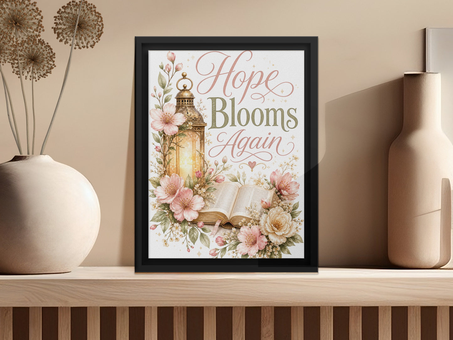 "Hope Blooms Again" text over a lantern and open book surrounded by flowers.