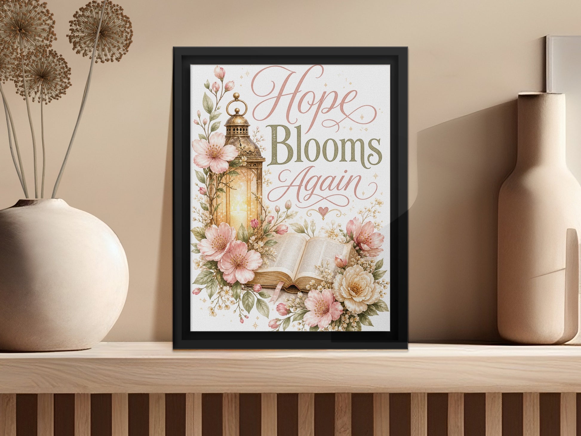 "Hope Blooms Again" text over a lantern and open book surrounded by flowers.