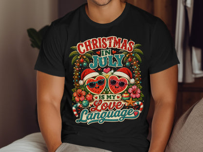 T-shirt with "Christmas in July is my love language" and watermelon hearts.